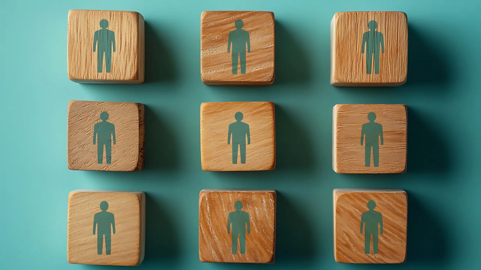 Neun hölzerne Kästchen stehen in dreier Reihen nebeneinander. Darauf sind Symbole von Personen abgebildet.